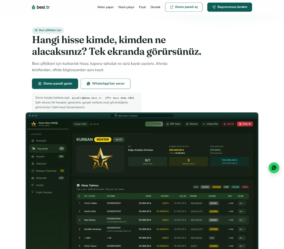 besi.tr ana sayfası: başlık, demo paneli düğmesi ve altında yönetim panelinin ekran görüntüsü