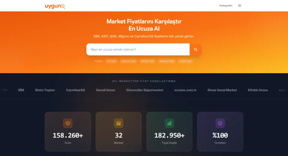 Uyguno ana sayfası: market fiyatı arama alanı ve karşılaştırılan market listesi